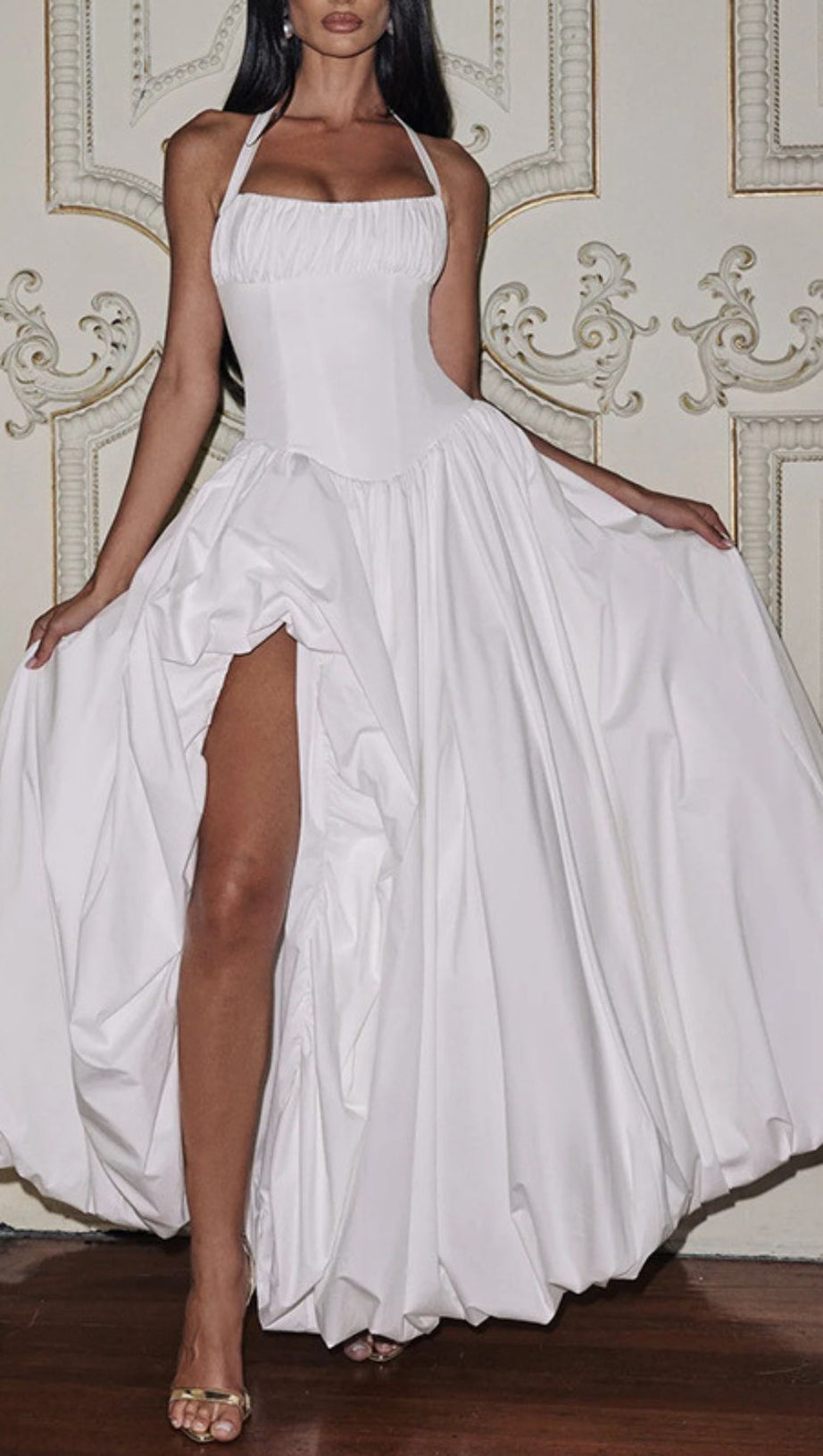 Judas Halter Maxi Dress: Elegant Blush Pink Gown with High Slit & Sculptural Volume
