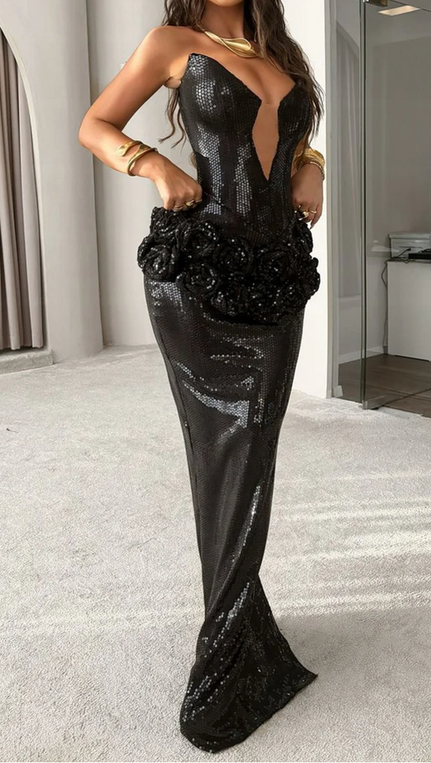 AIIZIE VIVIEN OFF-SHOULDER SEQUIN PROM MAXI DRESS IN BLACK - product image