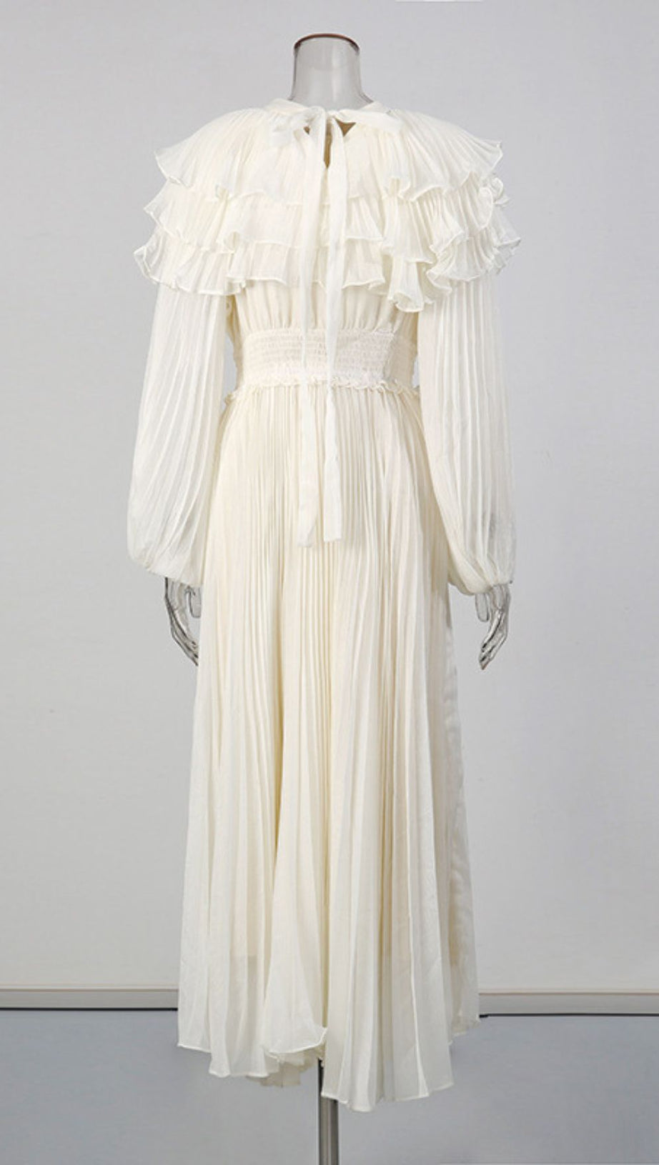 Julisa Ivory Ruffle Pleated Midi Dress - Elegant Long Sleeve for Women