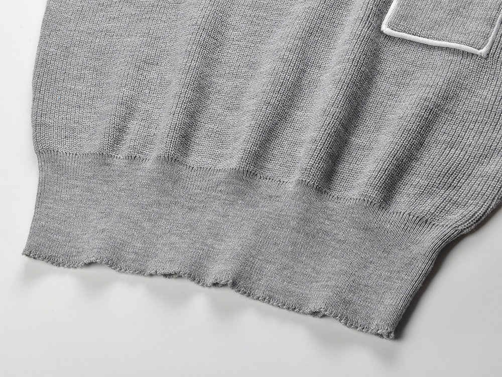Berlin Chic Knit Polo Sweater with Contrast Piping | Women's Grey V-Neck Top