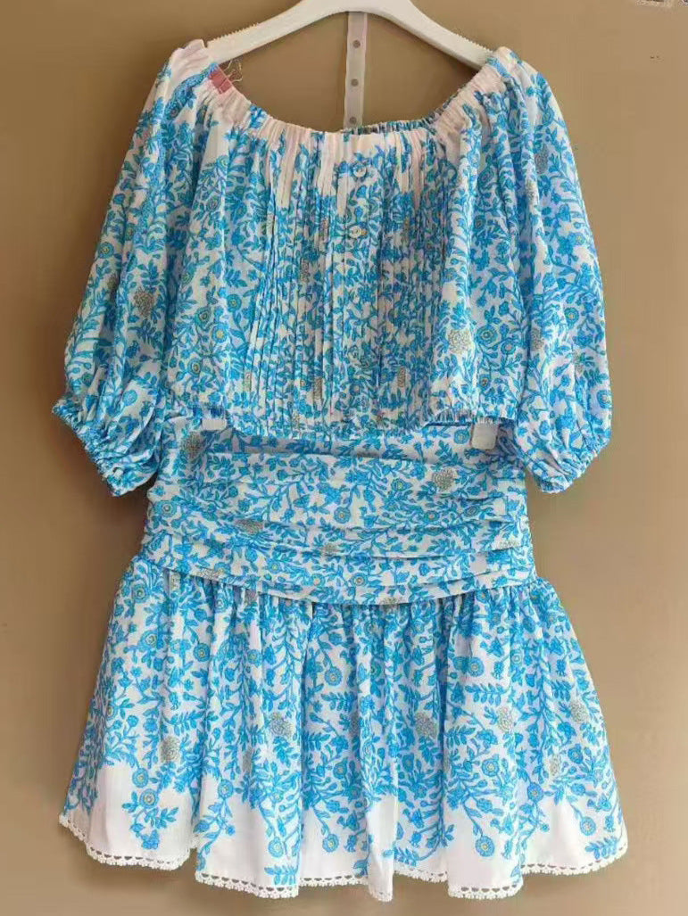 AIIZIE OFF-SHOULDER FLORAL PRINT MINI SKIRT SET IN BLUE - product image