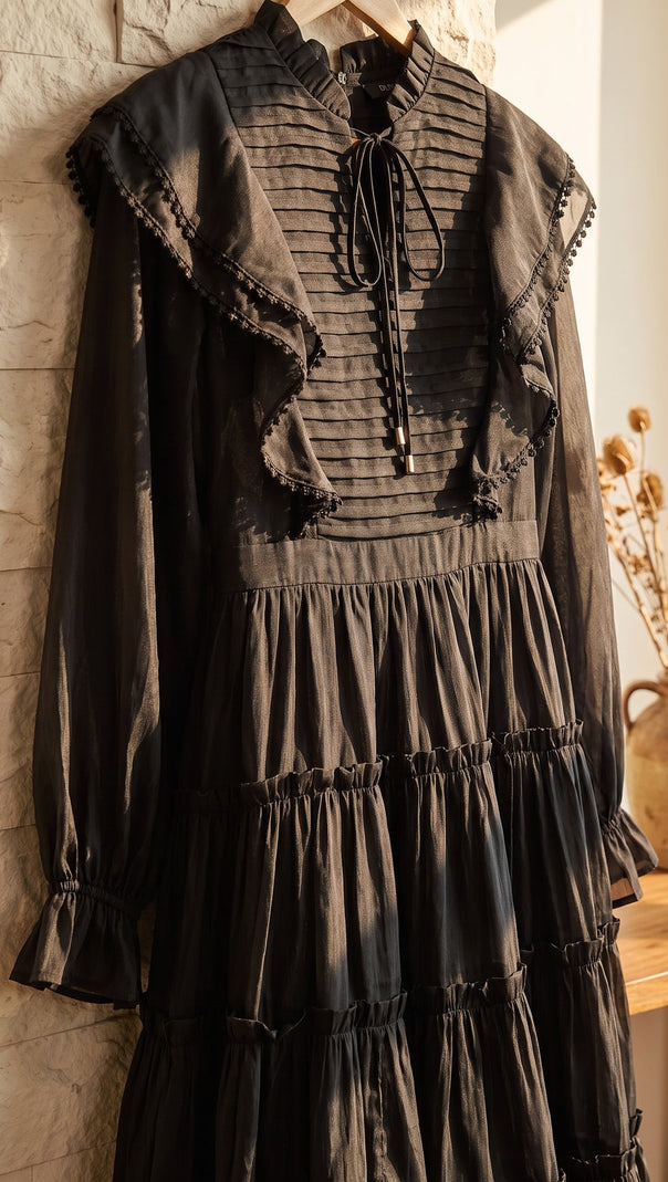 Black Tiered A-Line Midi Dress with Bishop Sleeves