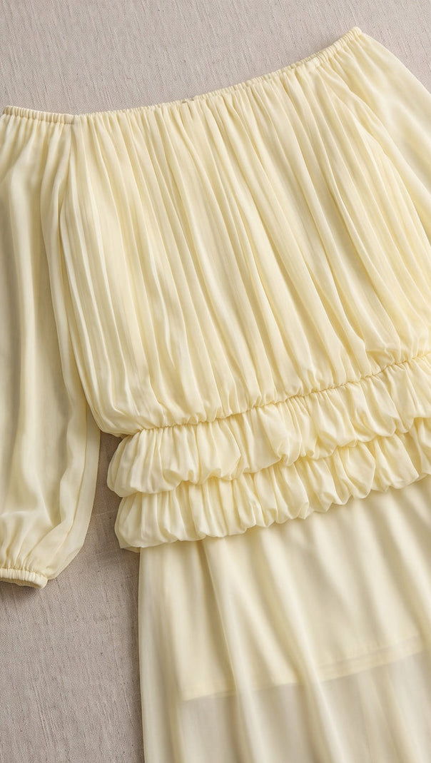 Pale Yellow Chiffon Off-The-Shoulder Blouson Two-Piece Set