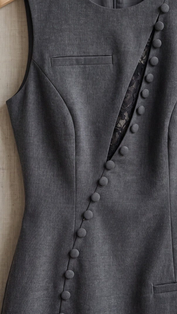Charcoal Grey Structured Wool-Blend Suiting Sheath Mini Dress