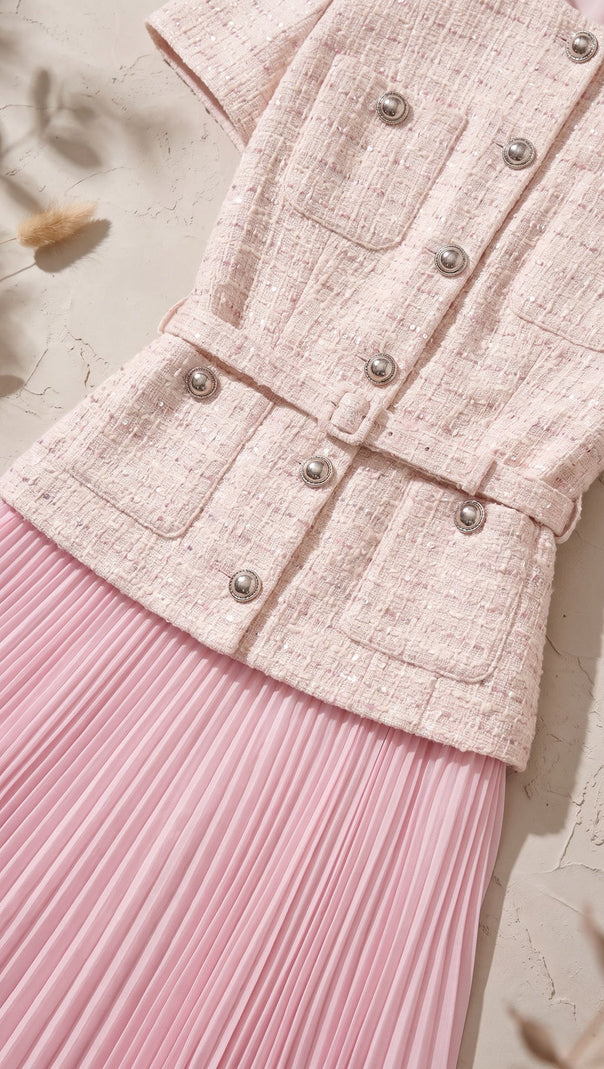 Pale Pink Tweed Fitted Bodice with Peplum and A-Line Skirt Two-Piece Set