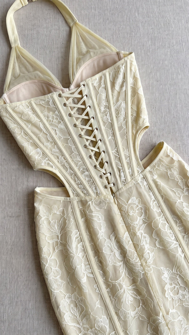 Pale Yellow Floral Lace Mermaid Gown