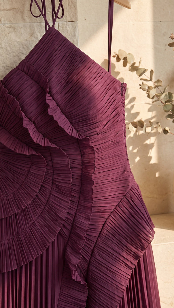 Deep Plum Asymmetrical Pleated Ruffle A-Line Dress