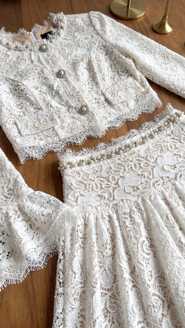 White Floral Corded Lace Fitted Cropped Jacket with Flared Mini Skirt Two-Piece Set