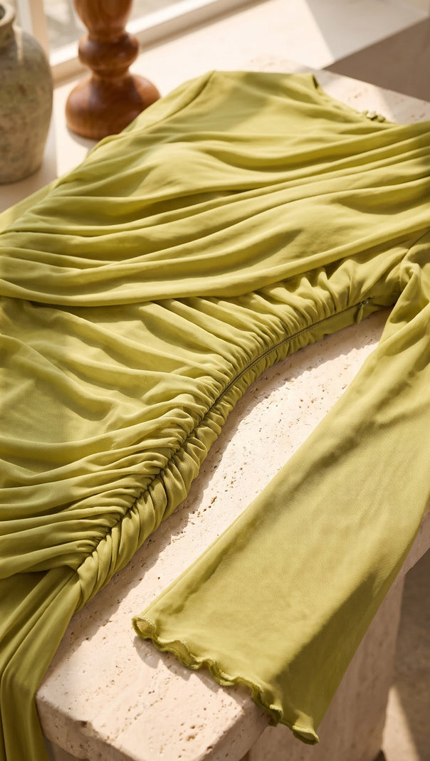 Chartreuse Ruched Mesh Gown