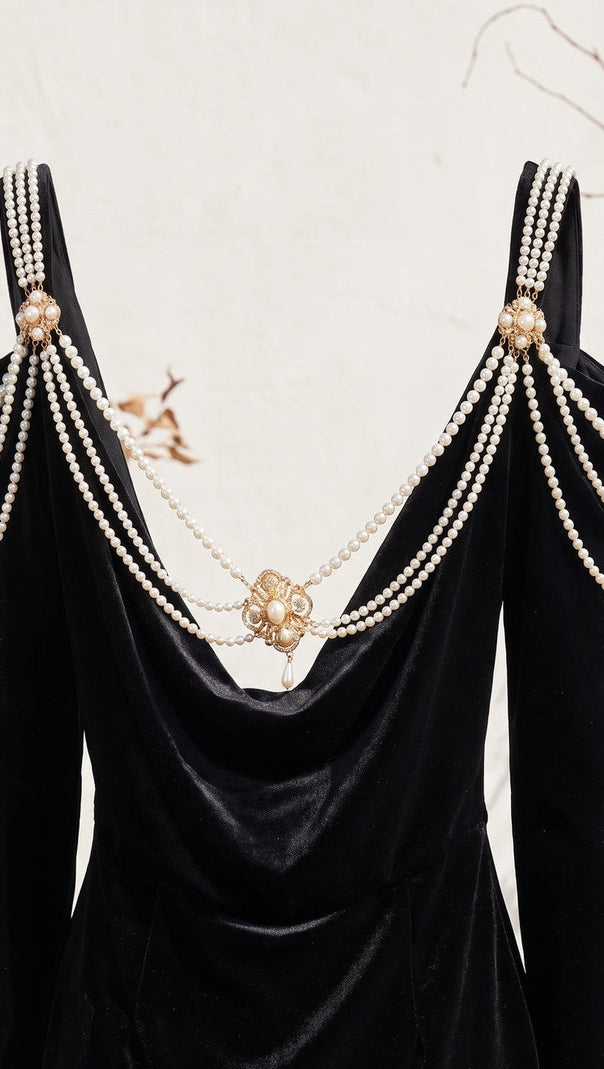 Black Velvet Cold-Shoulder Sheath Dress with Pearl Strands