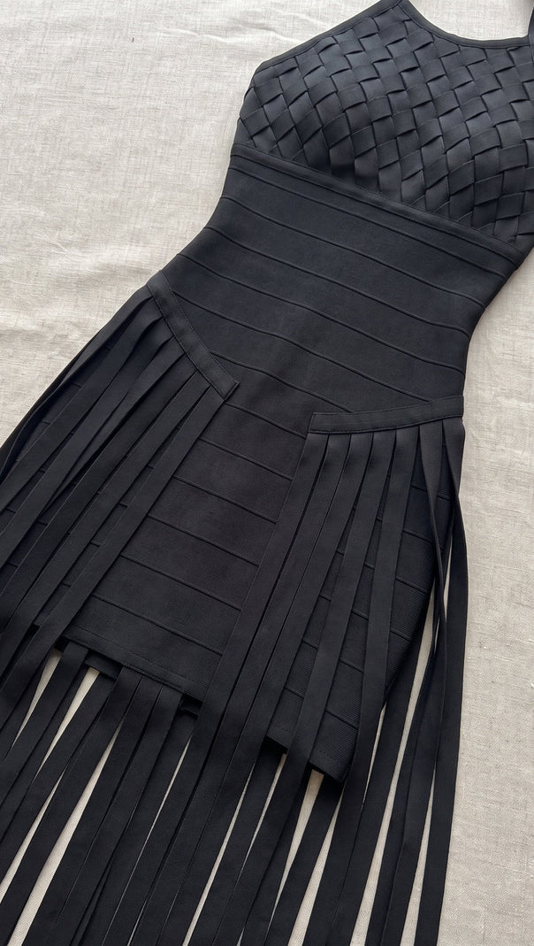 Black Bandage Knit Bodycon Gown with Fringe Overlay