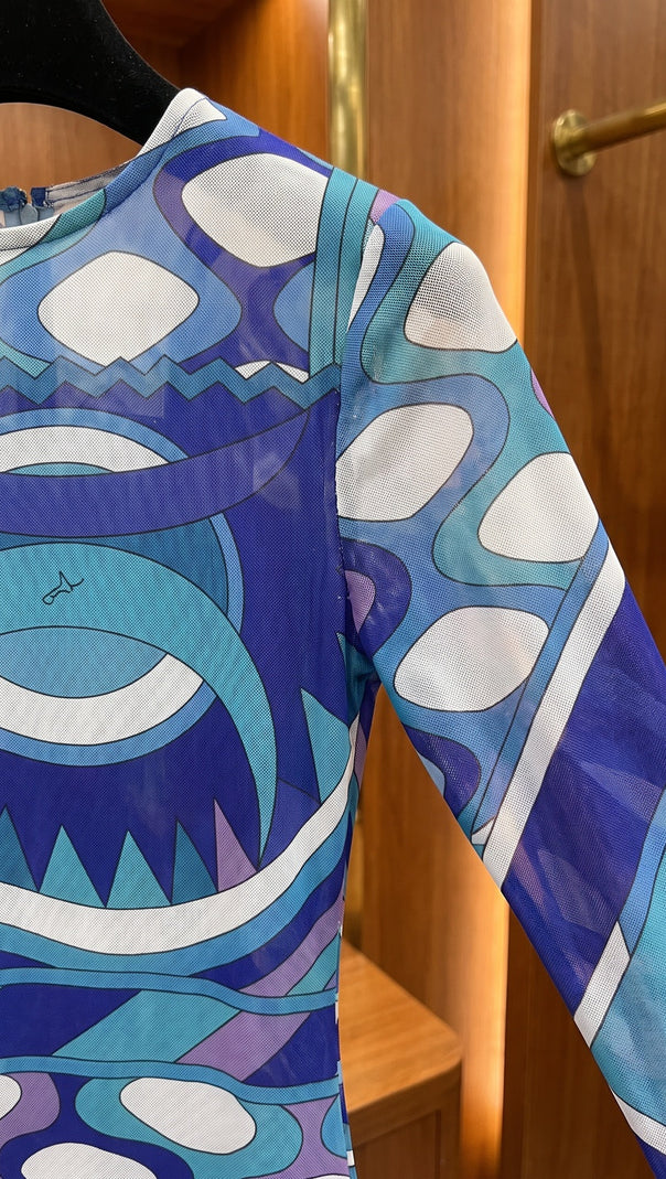 Blue Purple Geometric Abstract Column Maxi Dress in Stretch Mesh