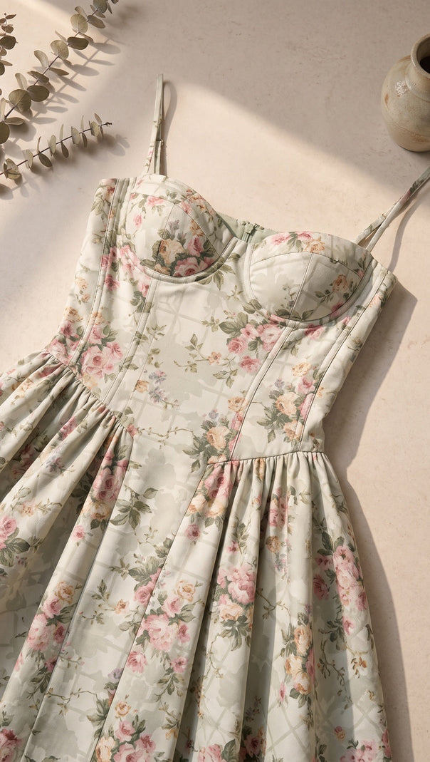 Pale Sage Green Structured Woven Cotton or Jacquard Fit-and-Flare Dress