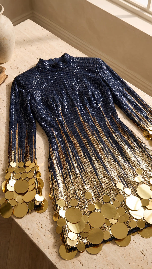 Navy Blue to Gold Ombre Sequin Mini Dress