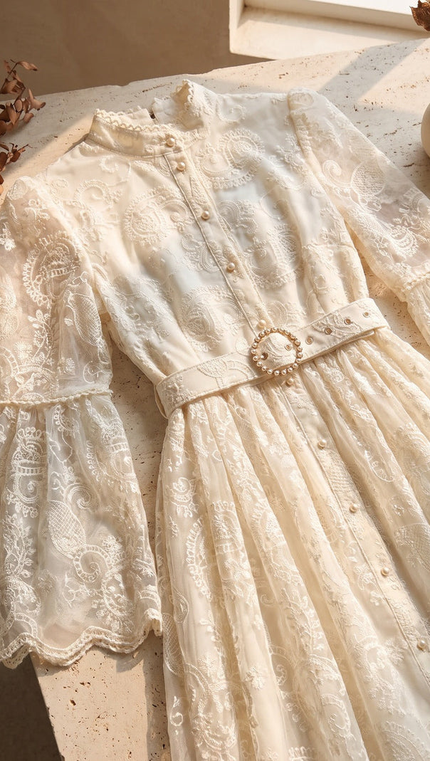 Cream Embroidered Floral Lace A-Line Dress