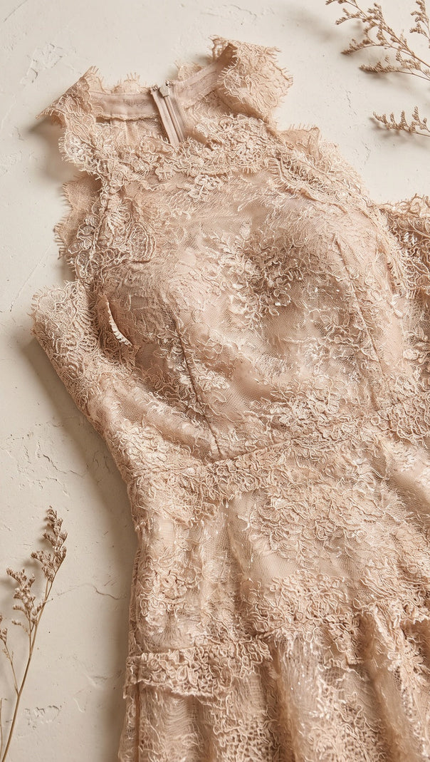 Beige Corded Floral Lace A-Line Midi Dress with Asymmetrical Hem