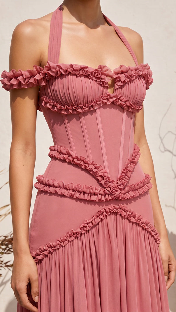 Dusty Rose Fitted Corset Gown with Tiered Ruffles and Halter Neck