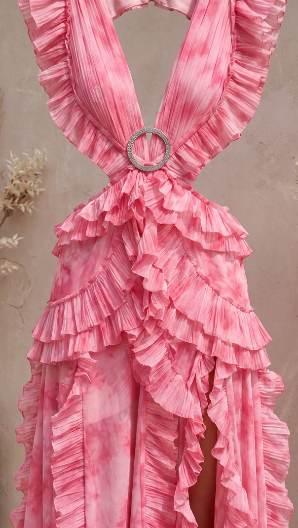 Pink Watercolor Chiffon A-Line Gown with Waist Cut-Outs