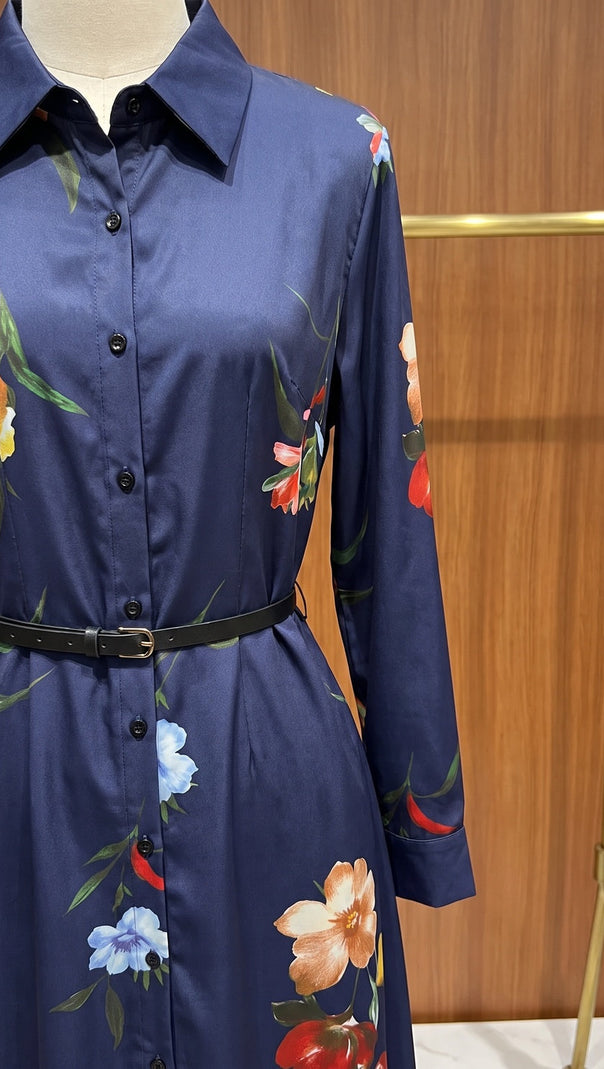 Navy Blue Floral Satin-Weave A-Line Shirt Dress