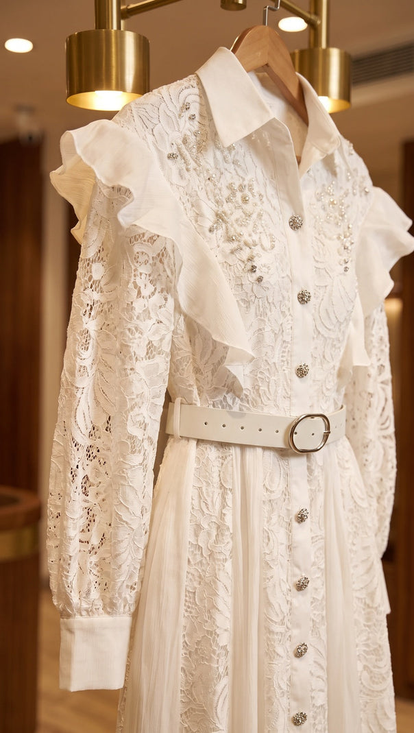 White Floral Lace A-Line Maxi Shirt Dress