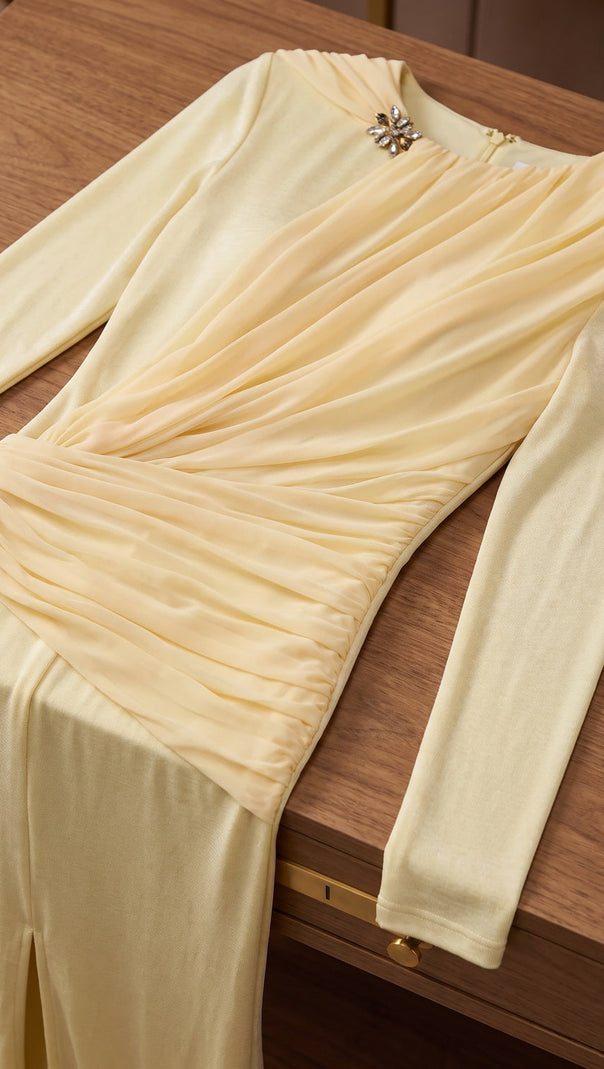 Pale Yellow Fine Stretch Knit Column Evening Gown with Asymmetric Draped Cape