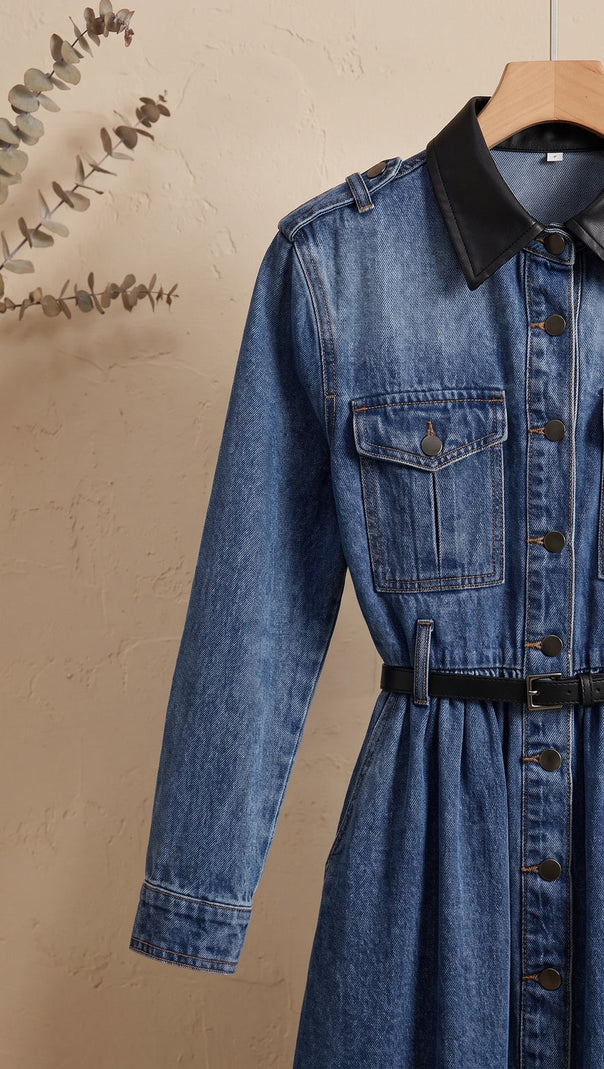 Medium Blue Denim A-Line Shirt Dress with Contrast Collar