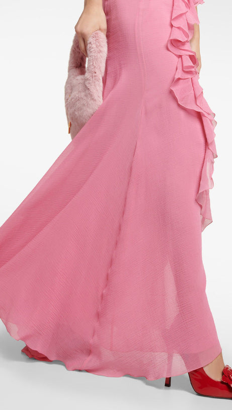 PINK RUFFLE COTTON AND SILK MAXI DRESS