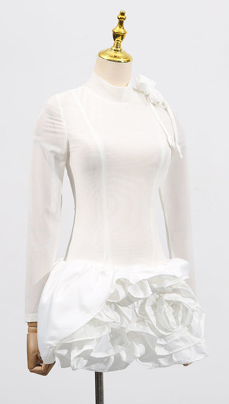 3D FLOWER HEM MESH MINI DRESS IN WHITE