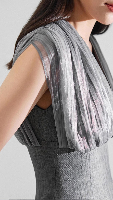 MESH STITCHING SLEEVELESS MIDI DRESS IN GREY