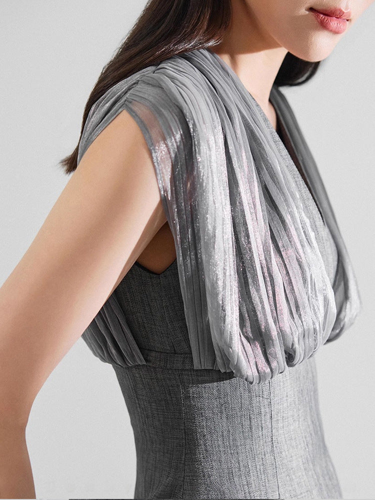 AIIZIE MESH STITCHING SLEEVELESS MIDI DRESS IN GREY - product image