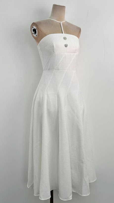 OFF-SHOULDER SLEEVELESS JACQUARD MIDI DRESS IN APRICOT