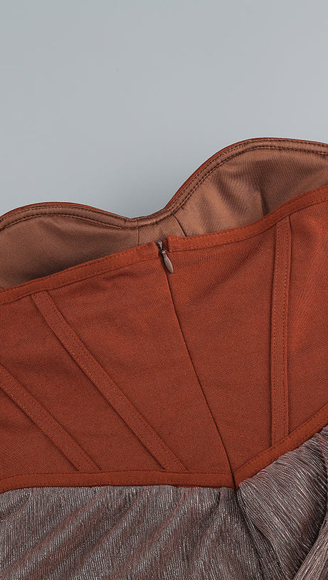 ONE SHOULDER DRAPED GLITTER BROWN CORSET OPEN BACK MAXI DRESS