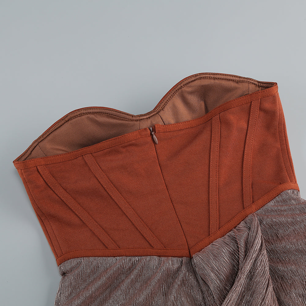 AIIZIE ONE SHOULDER DRAPED GLITTER BROWN CORSET OPEN BACK MAXI DRESS - product image