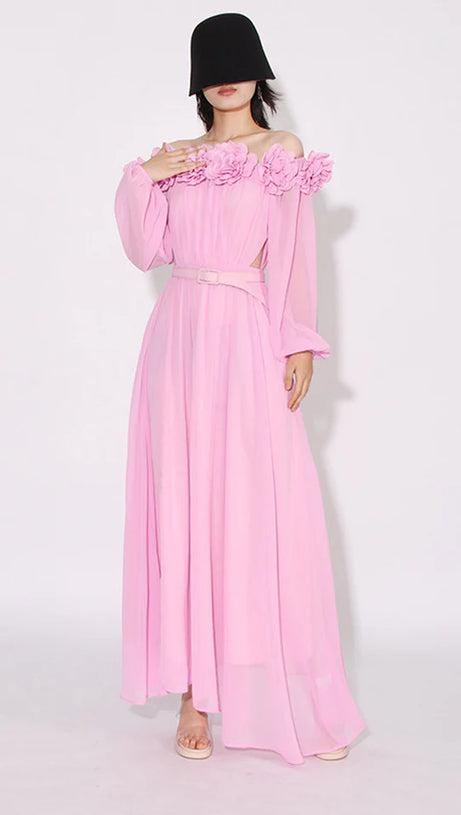ASCELLA FLOWER SHOULDER MAXI DRESS IN PINK