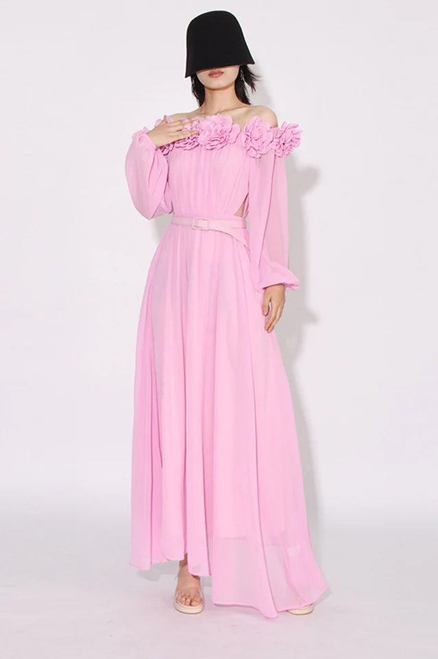 AIIZIE ASCELLA FLOWER SHOULDER MAXI DRESS IN PINK - product image