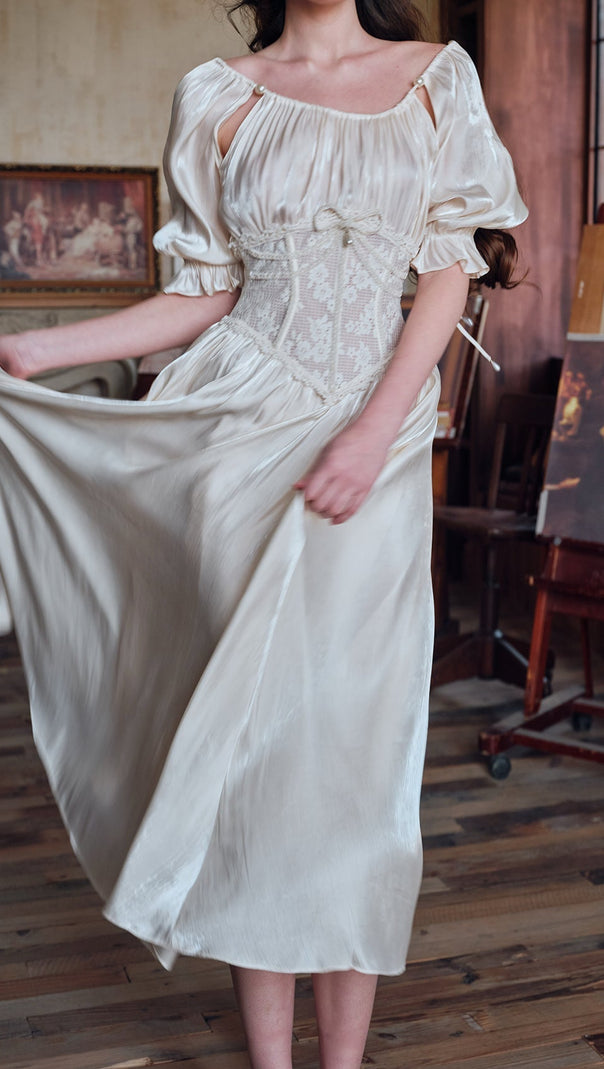 Square neck puff sleeve lace satin maxi dress - white