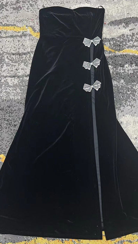 BOW HIGH SPLIT VELVET STRAPLESS DRESS