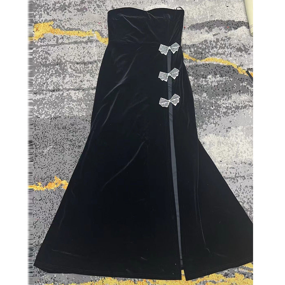 AIIZIE BOW HIGH SPLIT VELVET STRAPLESS DRESS - product image