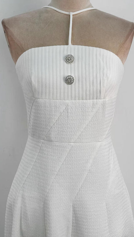 OFF-SHOULDER SLEEVELESS JACQUARD MIDI DRESS IN APRICOT