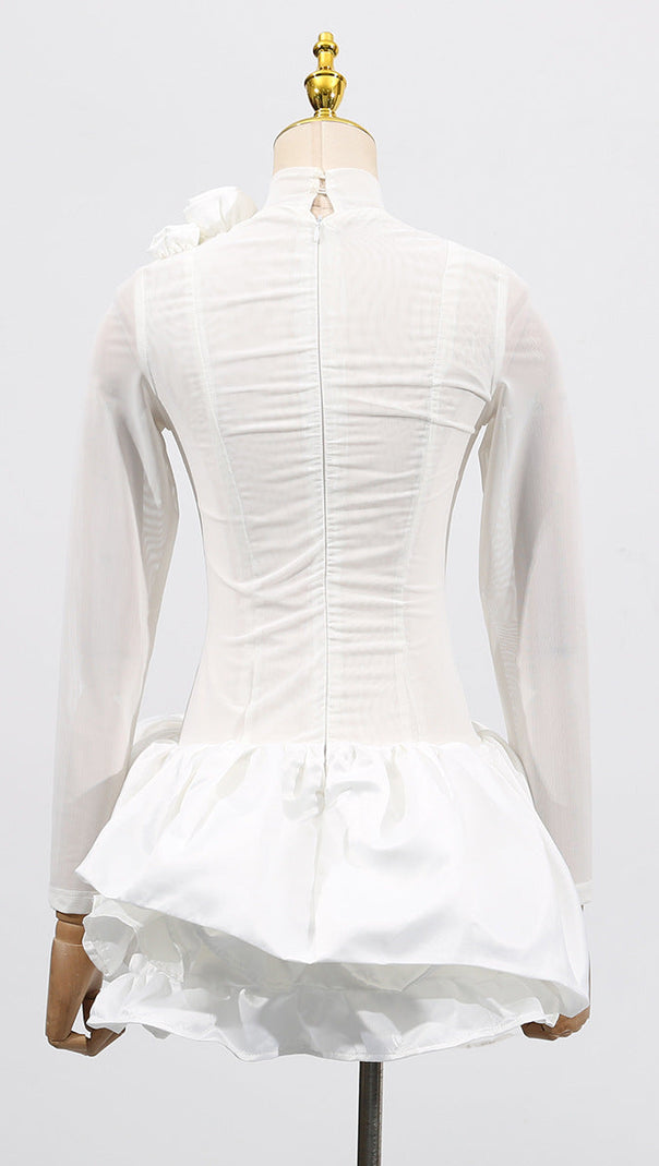 AIIZIE 3D FLOWER HEM MESH MINI DRESS IN WHITE - product image