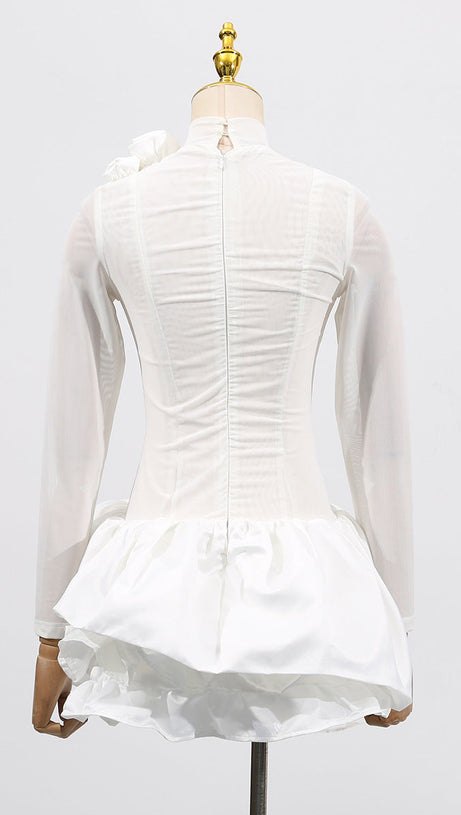3D FLOWER HEM MESH MINI DRESS IN WHITE