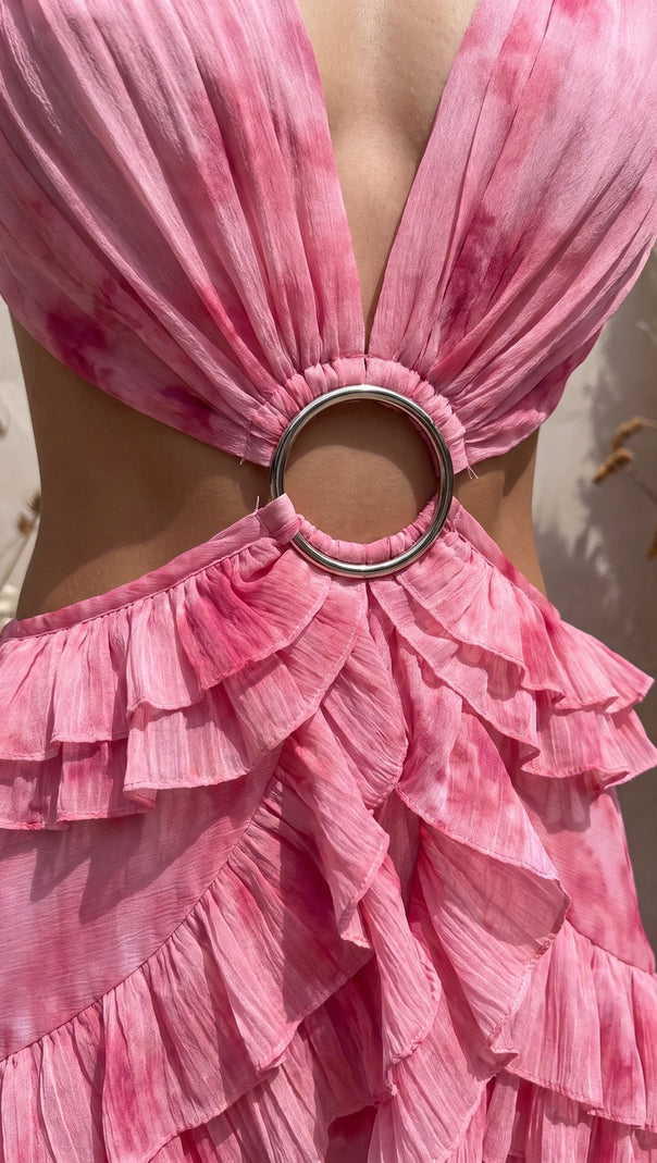 Pink Watercolor Chiffon A-Line Gown with Waist Cut-Outs