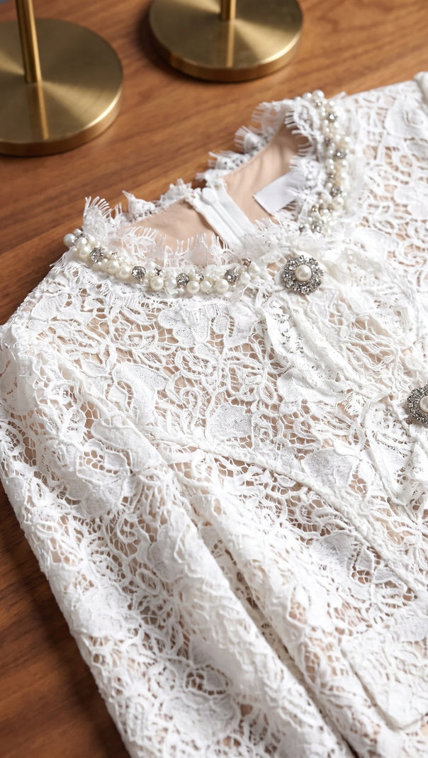 White Floral Corded Lace Fitted Cropped Jacket with Flared Mini Skirt Two-Piece Set
