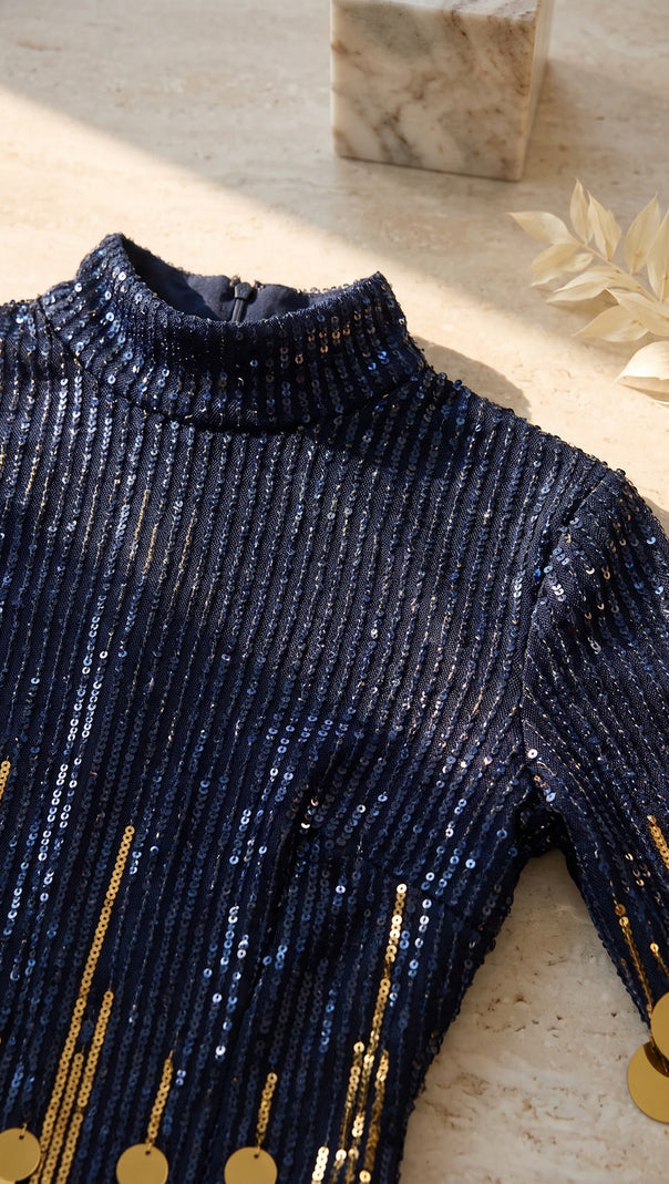 Navy Blue to Gold Ombre Sequin Mini Dress
