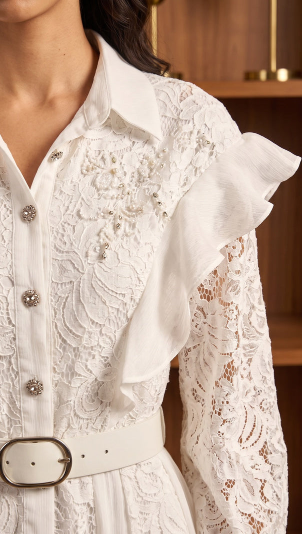 White Floral Lace A-Line Maxi Shirt Dress