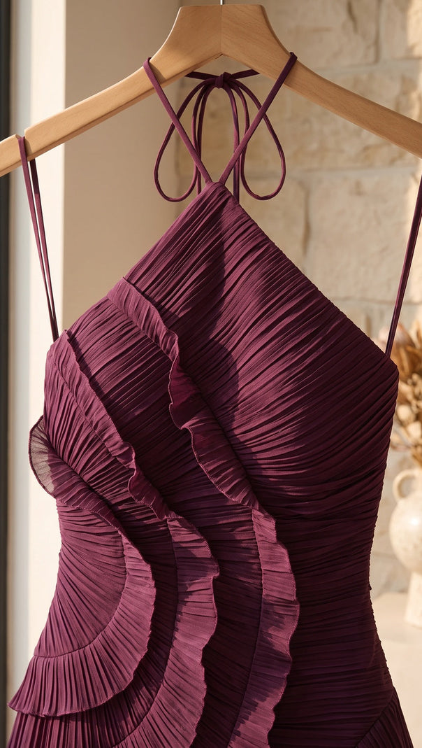 Deep Plum Asymmetrical Pleated Ruffle A-Line Dress