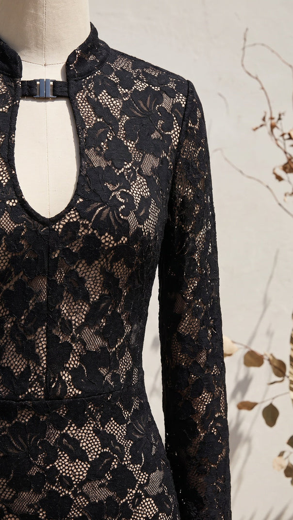 Black Floral Lace Column Gown