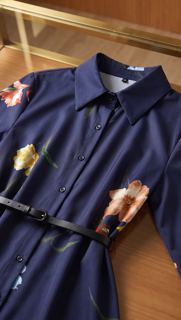 Navy Blue Floral Satin-Weave A-Line Shirt Dress