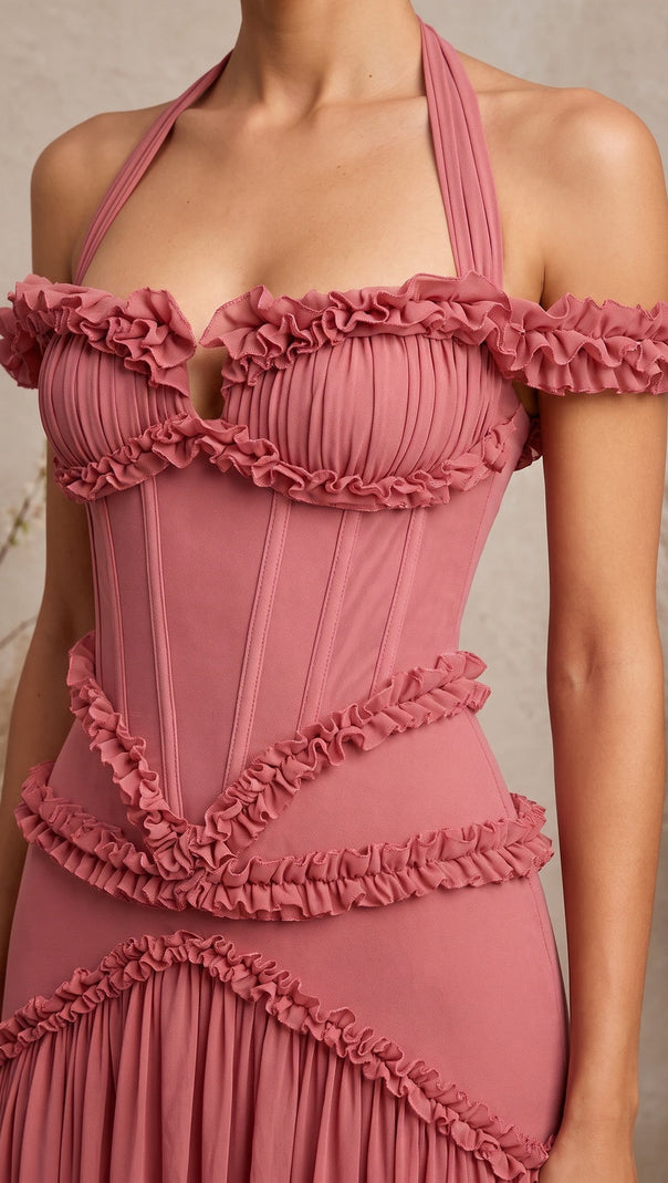 Dusty Rose Fitted Corset Gown with Tiered Ruffles and Halter Neck