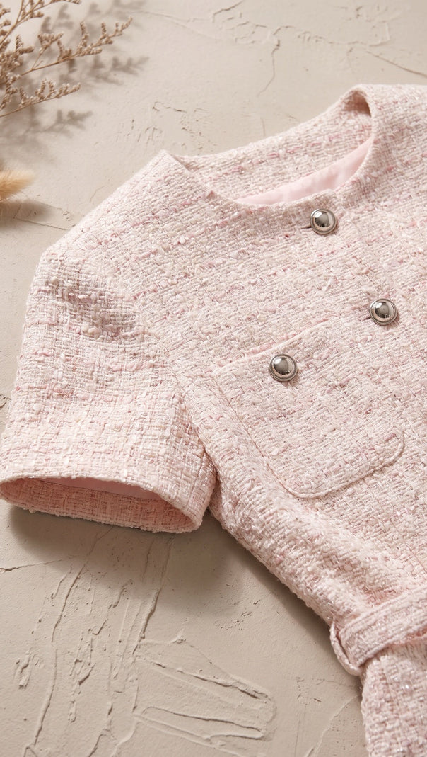 Pale Pink Tweed Fitted Bodice with Peplum and A-Line Skirt Two-Piece Set